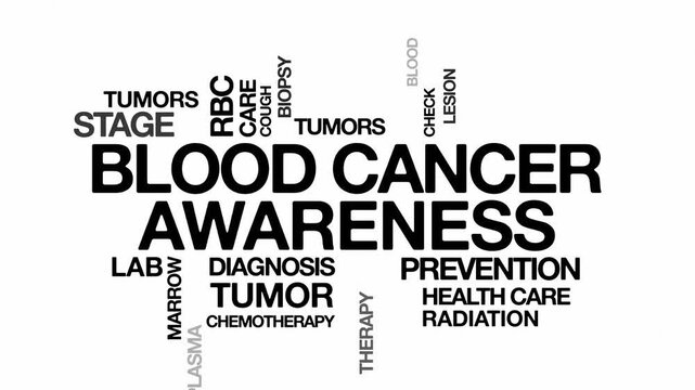 Blood cancer awareness concept Animated Tag Word Cloud kinetic typography, Text Design Animation typography seamless loop video motion graphics Intro Wordart arrangement black type on white background