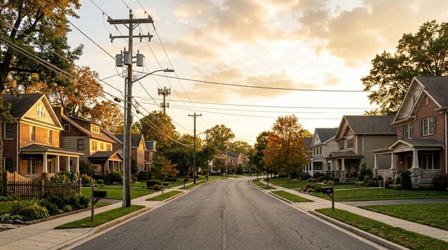 Suburban street at sunset with houses and autumn trees