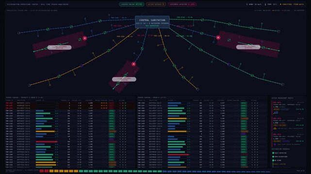 Dynamic electricity distribution control center animation showcasing live feeder loading and outage management in a dark-mode industrial interface with precise operational clarity.