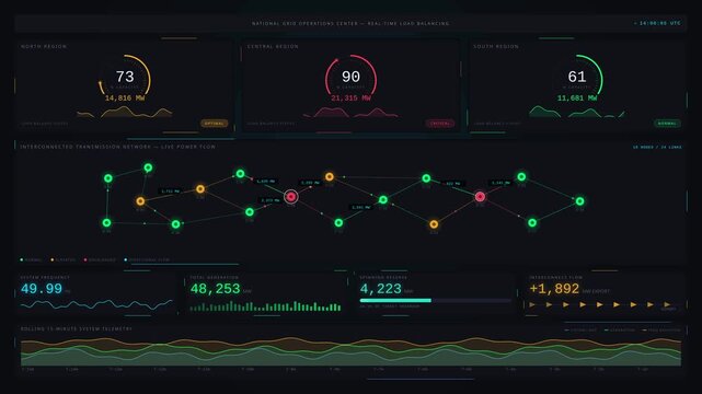 Explore a sophisticated dark-mode smart grid operations dashboard featuring regional load balancing, real-time data visualization, and a premium electric-blue aesthetic in 4K resolution.
