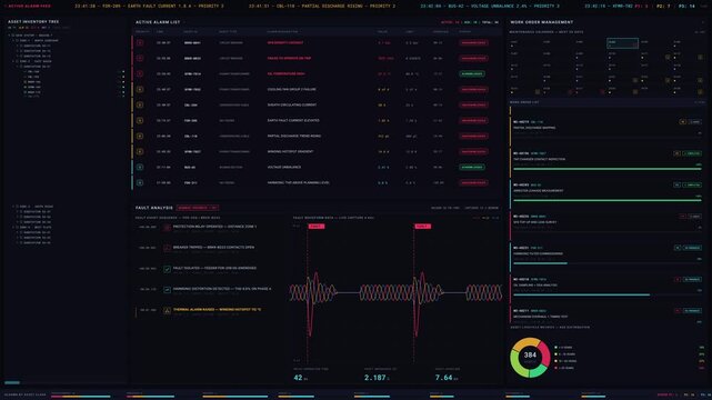 Explore a premium dark-mode smart grid asset monitoring interface showcasing real-time alarms, faults, and maintenance status for utility operations in a unified layout.