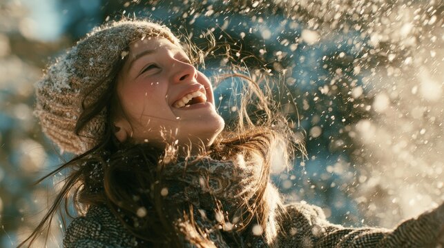 Smiling woman in warm winter clothing enjoying falling snow outdoors with raised arms and glowing sunlight, joyful seasonal portrait with textured knitwear and natural bokeh background