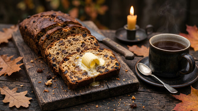 Sliced traditional Irish barmbrack fruit loaf with butter and hot tea on a rustic wooden board, Halloween autumn food