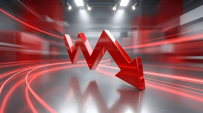 Financial Crisis and Stock Market Crash Concept with Red Downward Arrow on Reflective Floor
