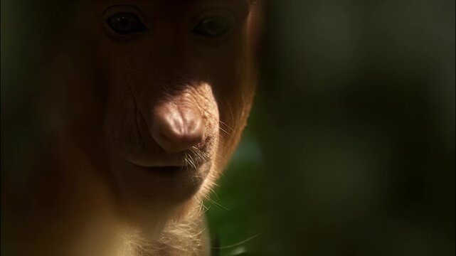 Close up portrait of a wild proboscis monkey resting in the lush green tropical rainforest canopy