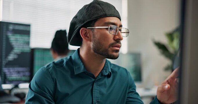 Coding, review or man in tech agency with computer, system analysis or code correction of website. Digital, glasses or programmer with evaluation, debug or database fix with software troubleshoot.