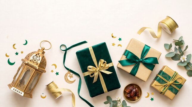 Eid and Ramadan gift flat lay with golden lantern, emerald velvet and gold wrapped presents, ribbons, crescent charms and dates on a cream background
