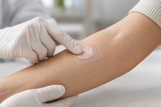 cosmetic patch test applied to an arm in a clinic