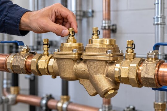 backflow preventer inspection beside industrial water pipes