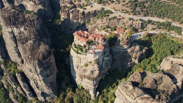 Aerial drone view of Meteora monasteries and dramatic rock formations in Greece