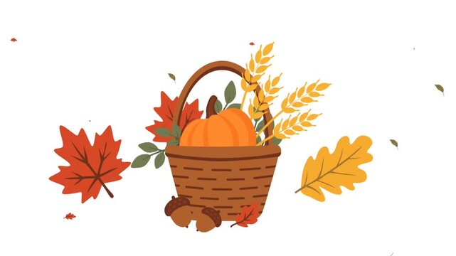 Harvest basket with orange pumpkin and fall foliage including maple and oak leaves on white background for autumn celebrations and thanksgiving