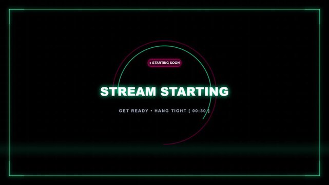 Stream starting screen with neon glowing text and countdown timer