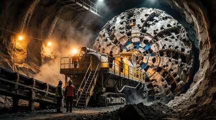 Fototapeta premium Massive tunnel boring machine excavates underground rock. Construction workers in safety gear stand near heavy machinery inside dark tunnel. Industrial engineering project uses large drill for