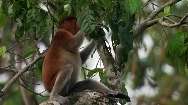 Proboscis monkey foraging for fresh green leaves high up in the canopy of a tropical rainforest