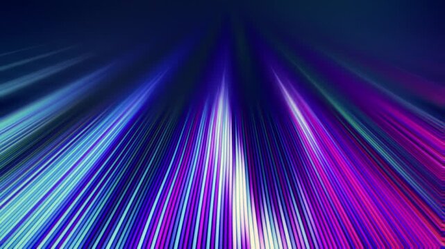 Abstract dynamic light rays accelerating with perspective depth and sleek glowing motion lines. Vibrant blue and purple streaks create a fast optical illusion for modern technology concepts. 3d render