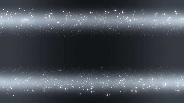 Silver glitter particles frame on black background, shimmering white light streaks with glowing dust, elegant cinematic award show border