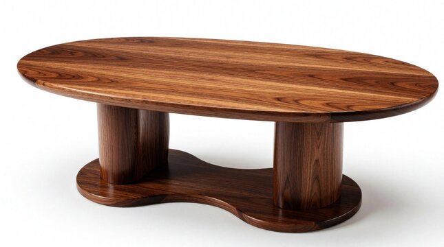 Elegant oval wooden coffee table with polished finish, intricate pedestal design. Luxury walnut furniture piece features smooth dark grain, organic shaped base. Minimalist decor item for modern
