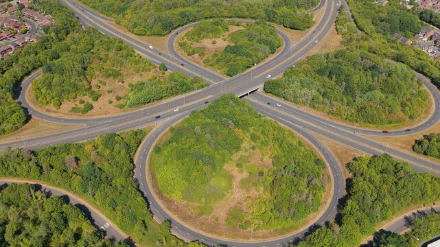 Aerial View of a Large Cloverleaf Highway Interchange With