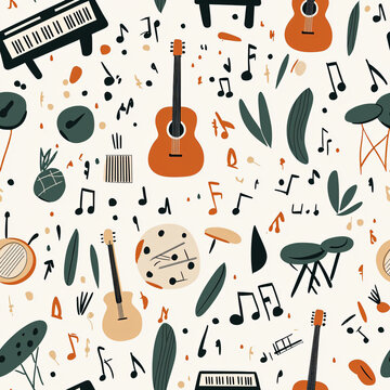 Colorful Music Pattern with Instruments and Notes on Cream Background