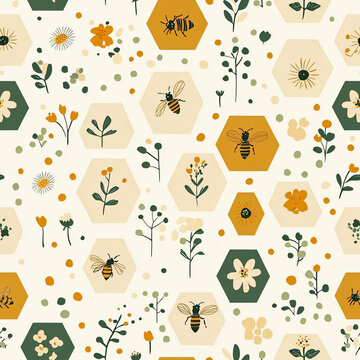 Cheerful Pattern of Bees and Flowers in Hexagonal Shapes