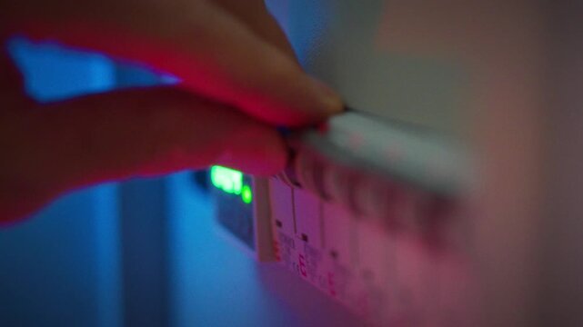 A close-up of a circuit breaker being switched in a distribution board restoring electricity to a room. Concept of residential power supply control and electrical circuit management