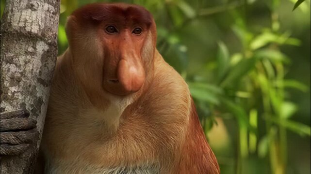 Close up portrait of a proboscis monkey resting on a tree branch in the tropical rainforest