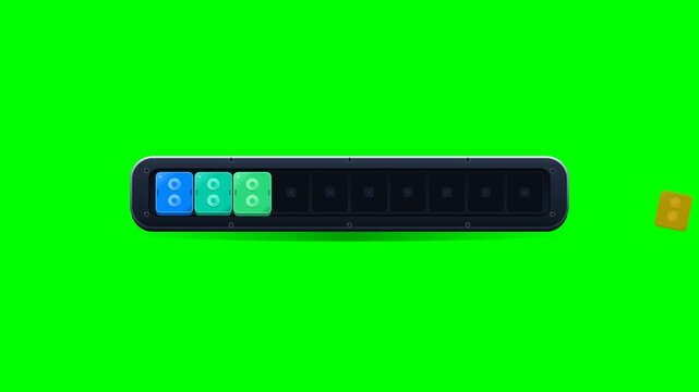 Premium chunky 2.5D loading bar physically assembled block by block with tactile snaps, mechanical momentum, and seamless loop on pure green screen.