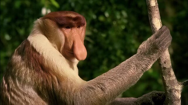Close up portrait of a male proboscis monkey resting on a tree branch in the jungle canopy