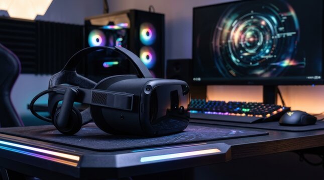 Black Virtual Reality Headset Ready for Immersive Gaming on a High-Tech Desktop Setup