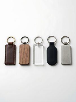 Five different blank keychains with metal rings lined up in a row for branding and custom designs. customizable key fob