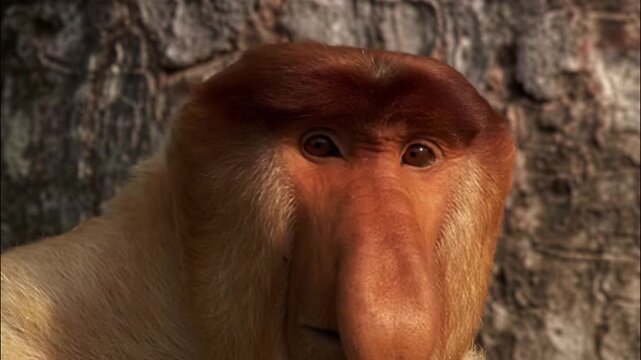 Close up portrait of a male proboscis monkey with a large nose in a natural forest environment