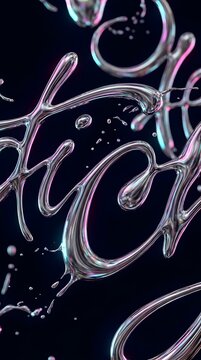 Abstract 3D liquid chrome script flowing on black background.