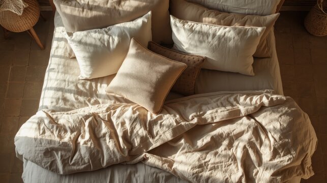 Vista cenital de un colch&oacute;n en tono beige c&aacute;lido con almohadas en colores crema y topo, en un dormitorio minimalista. Ropa de cama de lino acogedora