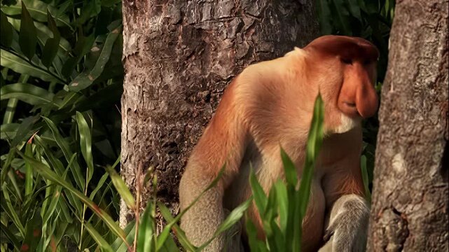 Proboscis monkey sitting in a tropical forest environment during the golden hour sunlight