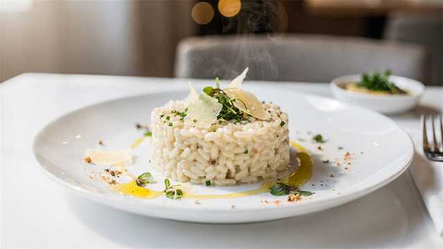 Steaming creamy risotto plated on white dish in restaurant