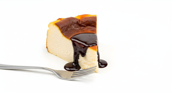 Delicious Basque cheesecake slice with rich chocolate sauce and fork on white for bakery menu design.