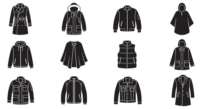 Collection of black outerwear fashion items on white background.