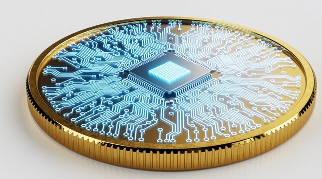 Glowing digital crypto coin with blue circuit board pattern on gold surface. Abstract electronic chip represents fintech innovation, blockchain tech. Futuristic concept for decentralized finance,