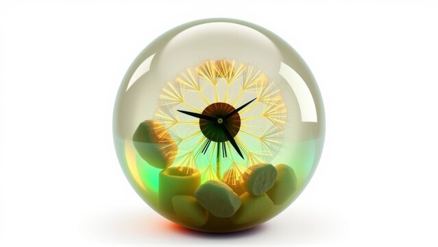 Glass sphere contains clockwork mechanism, pebbles. Light reflects, creating vibrant colors, surreal composition. Time, nature, art blend seamlessly.
