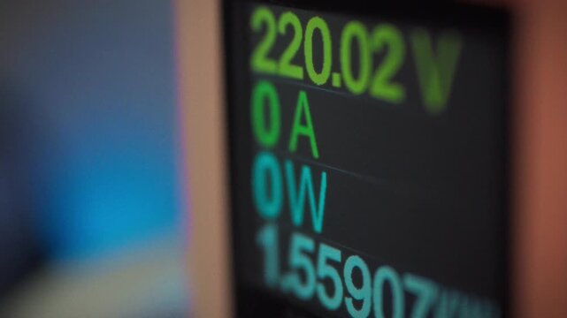 A close-up of a smart socket interface displaying voltage and current readings. Concept of smart home appliance management and electricity consumption monitoring