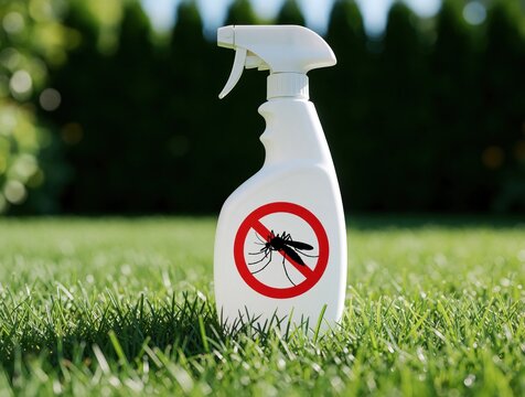 White spray bottle with mosquito warning sign sits on green grass in garden. Plastic trigger sprayer contains insect repellent pesticide for pest control. Protection against bugs, flies in backyard