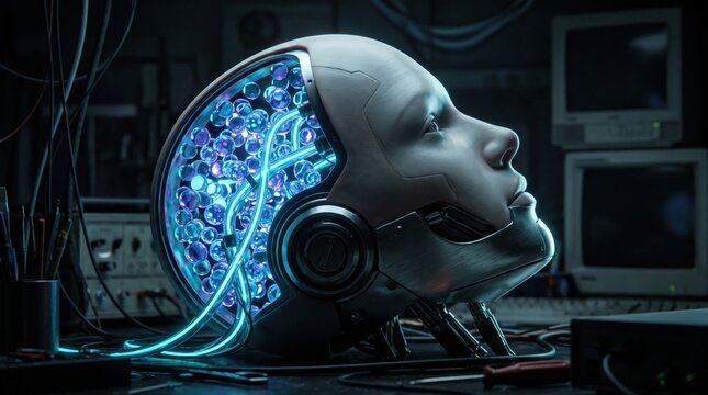 Robotic head with glowing quantum core in lab