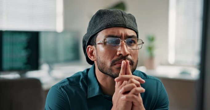 Thinking, man and computer in office for programming, research and system login for cybersecurity. Person, reading and reflection in workplace with tech, testing script and coding for website update