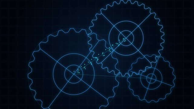 Futuristic mechanical gear blueprint with digital data transfer across complex machinery interface.