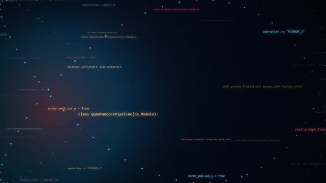 Abstract digital programming code and data scripts flowing in dark cosmic space background with bokeh motion.