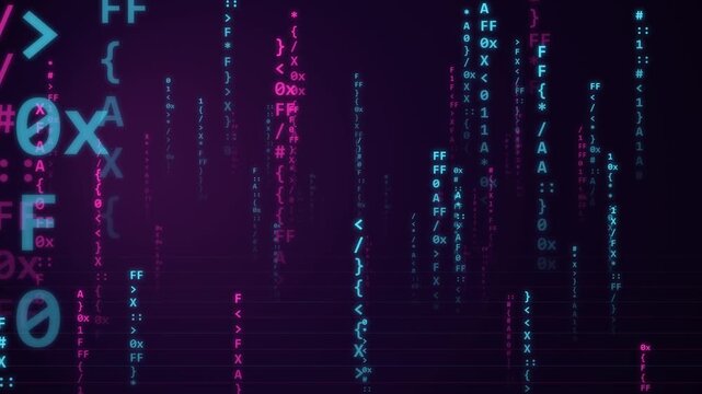 Neon matrix code rain streaming down dark background.