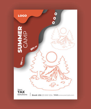 Summer Camp Event Flyer Template with Line Art Illustrations