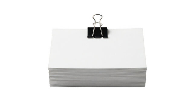 A stack of blank white paper sheets held by a black binder clip isolated on transparent background