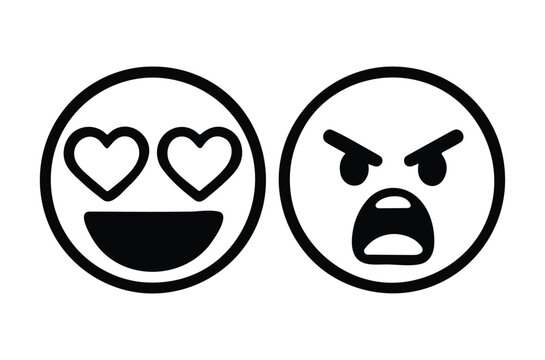 Two facial expression icons love eyed and angry in black silhouette style