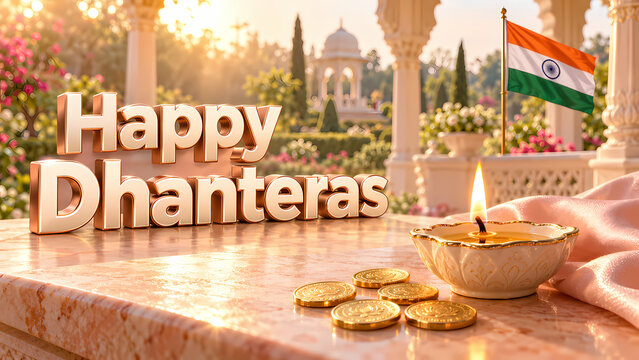 Happy Dhanteras with Diya and Indian Flag